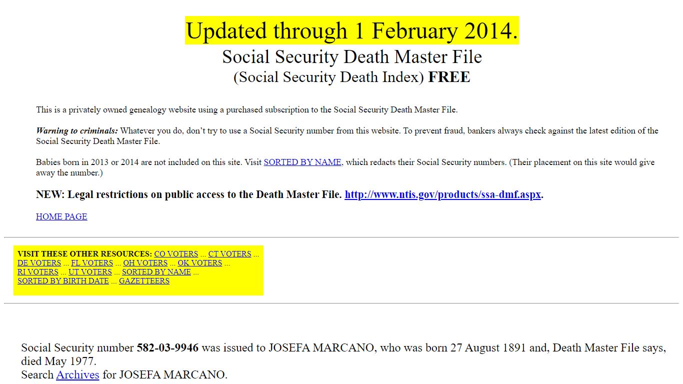 Social Security Death Master File, free - SSDMF