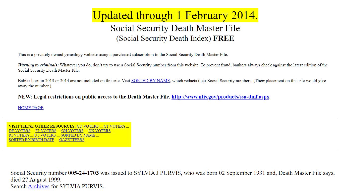 Social Security Death Master File, free - SSDMF